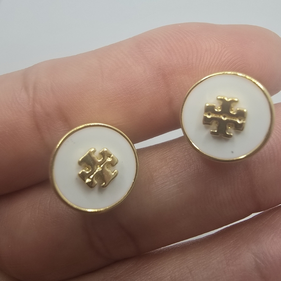 Tory Burch White Enamel Stub Earrings - Picture 1 of 7